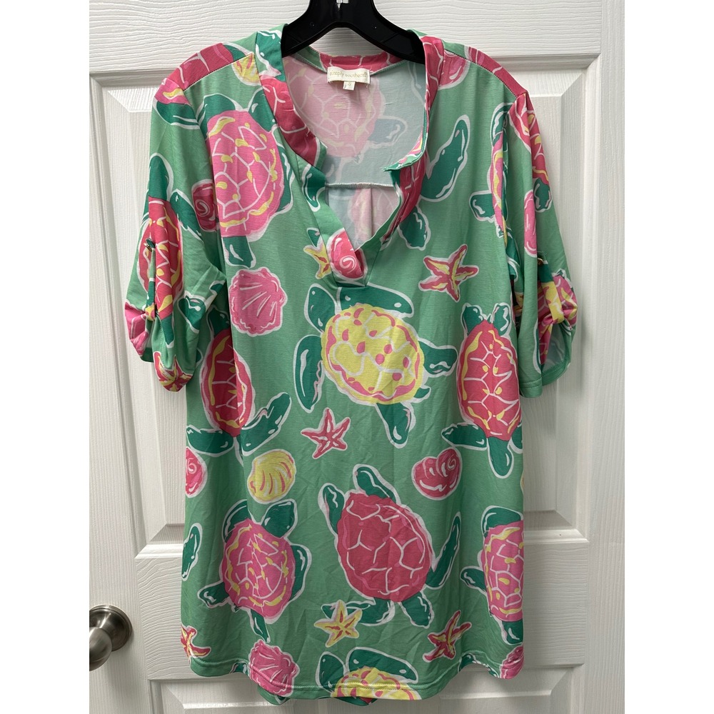 Simply Southern Women Green Pink Sea Turtle Starfish Print Tunic Top Small
